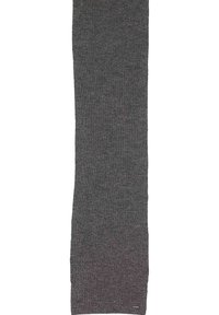 Écharpe en tricot grise avec un motif texturé, de forme allongée et aux bords frangés. Le matériau semble doux et chaud, adapté aux temps froids.