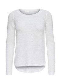 Pull en tricot blanc avec des manches longues, un col rond, un tissu texturé et un ourlet arrière légèrement plus long. Présente des poignets et un ourlet côtelés.