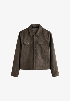 Smeđa jakna od umjetnog antilopa s ovratnikom, zatvaranjem na kopče, dva džepa na prsima i vertikalnim šavovima.