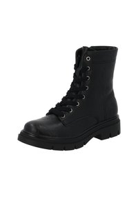 Stivale alla caviglia in pelle nera con punta rotonda, allacciatura frontale, occhielli metallici e suola spessa con scanalature per una migliore aderenza.