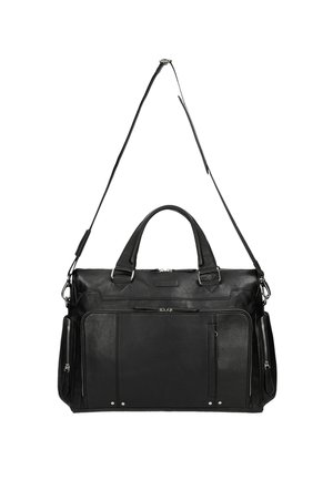 Black leather messenger bag with two top handles and a detachable shoulder strap. Features front zippered pockets and a textured finish.