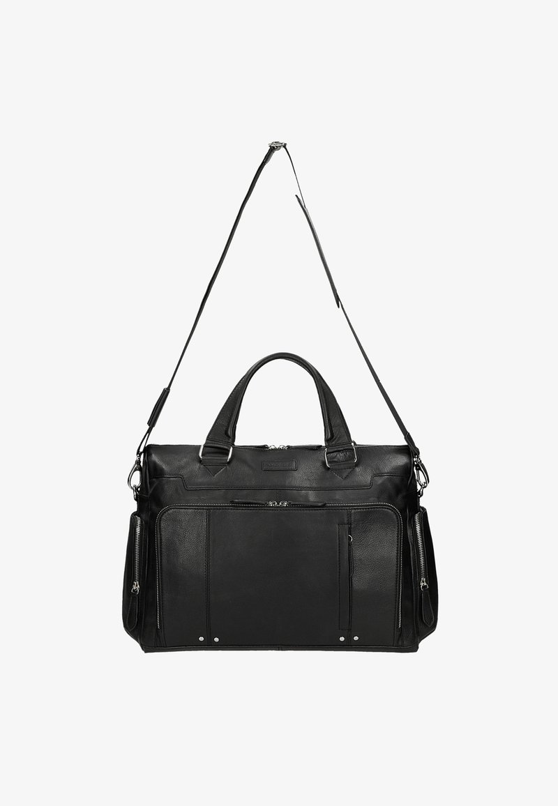 Sac messenger en cuir noir avec deux poignées supérieures et une bandoulière amovible. Doté de poches zippées à l'avant et d'une finition texturée.
