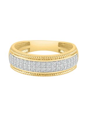 Bague bandeau en or avec trois rangées de petits diamants ronds et un détail de corde torsadée sur les bords supérieur et inférieur.