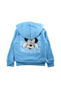 Sweat à capuche bleu en tissu doux avec un graphique avant représentant un personnage souriant, accompagné de texte blanc indiquant "Mickey Mouse 2028".
