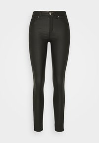 Jeans ajustados negros, hechos de material elástico. Presentan un corte slim, cinco bolsillos y un cierre de botón en la parte delantera. Textura suave, sin adornos visibles.
