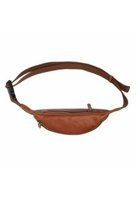 Marsupio marrone in pelle con texture liscia, forma curva, chiusura con cerniera e tracolla regolabile in tessuto marrone.