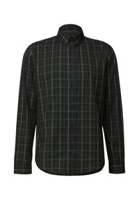 Černá košile s dlouhými rukávy a vzorem v zeleno-bežovém károvaném provedení, s límcem na knoflíky a zaobleným lemem. Tkanina vypadá hladce a lehce.