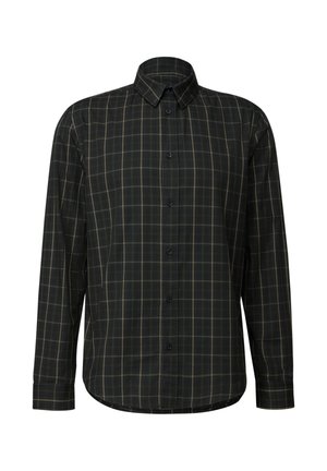 Camisa de manga larga negra con patrón a cuadros en verde y beige, con cuello abotonado y dobladillo redondeado. La tela parece suave y ligera.