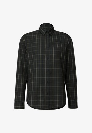Chemise noire à manches longues avec un motif à carreaux vert et beige, col boutonné et ourlet arrondi. Le tissu semble lisse et léger.