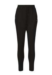 Zwarte atletische joggers met een slim fit, elastische tailleband en zijzakken. Gemaakt van een gladde stof met een zachte textuur.