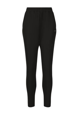 Zwarte atletische joggers met een slim fit, elastische tailleband en zijzakken. Gemaakt van een gladde stof met een zachte textuur.