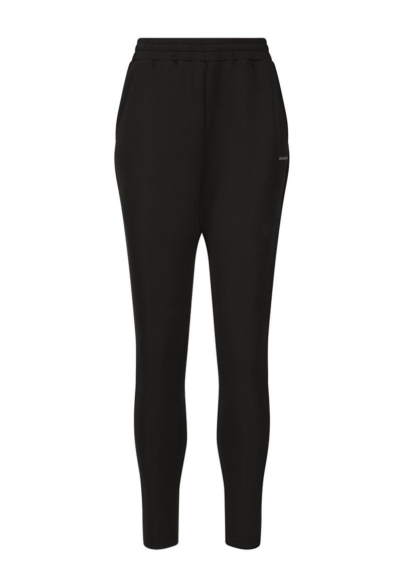 Zwarte atletische joggers met een slim fit, elastische tailleband en zijzakken. Gemaakt van een gladde stof met een zachte textuur.