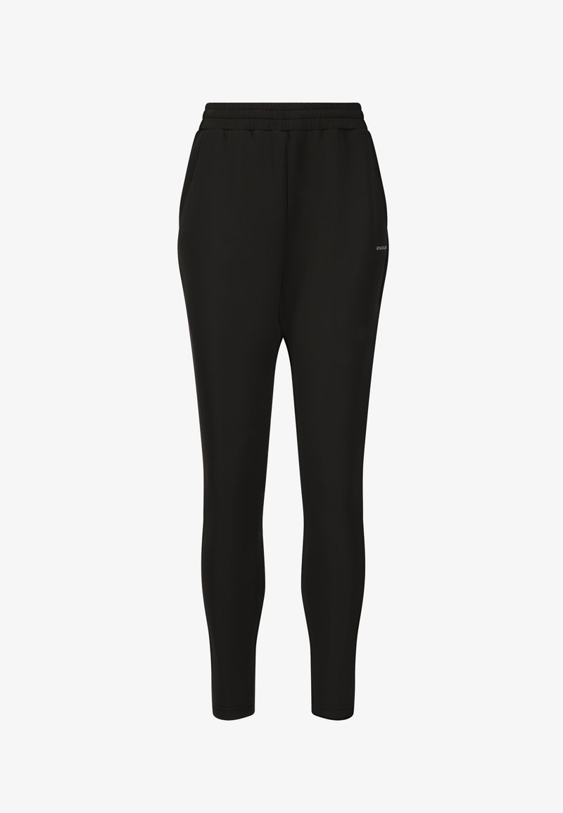 Zwarte atletische joggers met een slim fit, elastische tailleband en zijzakken. Gemaakt van een gladde stof met een zachte textuur.