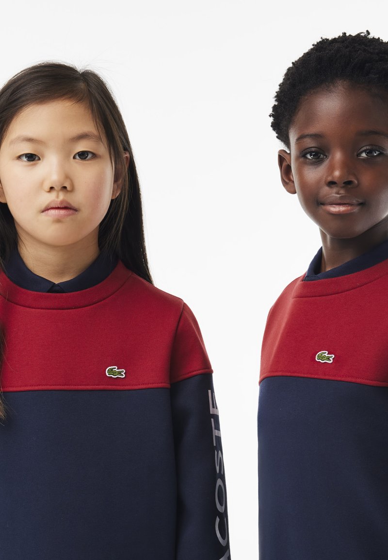 Un sweat-shirt rouge et marine avec un col rond, des manches longues et un petit logo de crocodile vert sur la poitrine. Texte "LACOSTE" sur la manche.