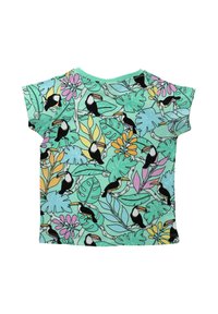 Short-sleeve, mint green cotton t-shirt featuring a colorful toucan and tropical leaf pattern. Round neck and relaxed fit.