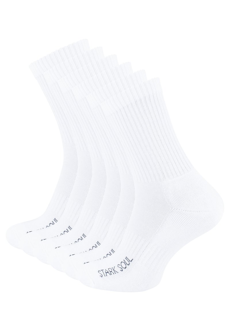 Calzini in cotone bianchi a taglio crew in una confezione da cinque. Texture a costine, tallone e punta rinforzati, con il logo blu "STARK SOUL" sulla suola.