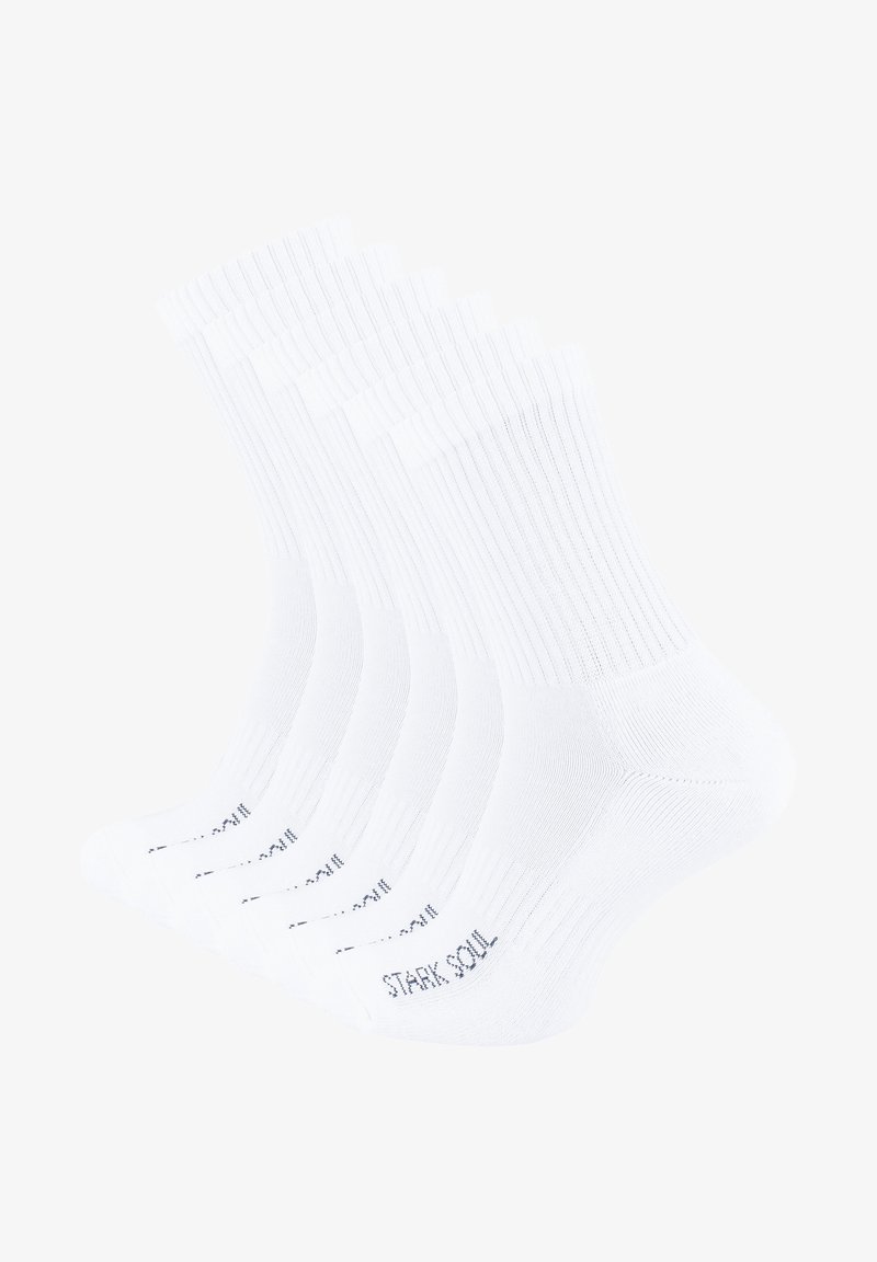 White cotton crew socks in a pack of five. Ribbed texture, reinforced heel and toe, with blue "STARK SOUL" branding on the sole.