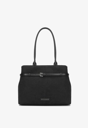 Black rectangular handbag with long handles, a thin horizontal strap with a silver buckle, and "Wittchen" logo on the front.