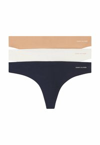 Tre paia di mutande a culotte in nudo, bianco e blu navy. Tessuto morbido e elasticizzato con fasce smussate strette decorate con accenti del logo Tommy Hilfiger.
