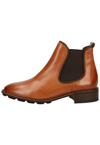 Bruine leren enkelboot met elastische zijpanelen, ronde neus en een lage gestapelde hak. Gladde textuur met minimale stikseldetails.