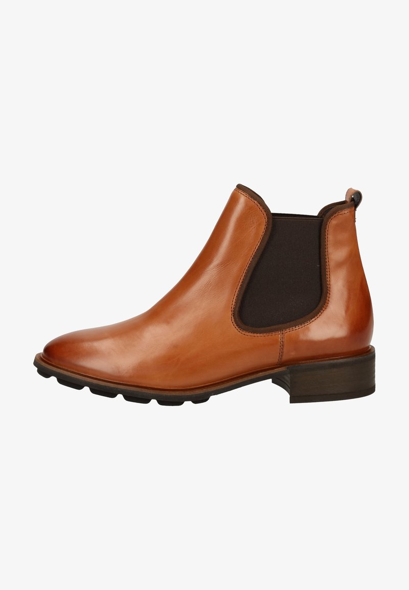 Bruine leren enkelboot met elastische zijpanelen, ronde neus en een lage gestapelde hak. Gladde textuur met minimale stikseldetails.