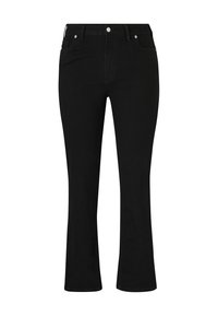 Schwarze Denim-Jeans mit Schlag, mittelhoher Taille, Fünf-Taschen-Design und kontrastierender silberner Hardware. Glatte Textur mit subtilen Nähten.