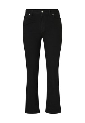 Jeans a zampa d'elefante in denim nero con vita media, design a cinque tasche e accessori in argento a contrasto. Tessuto liscio con dettagli di cuciture sottili.