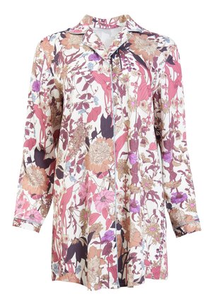 Camicia a maniche lunghe con motivo floreale in tessuto morbido, presenta tonalità di rosa, beige e viola, con colletto e chiusura frontale a bottoni.