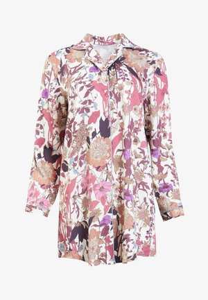 Lillelilledega pikad varrukad särk pehmest materjalist, mis sisaldab roosa, beeži ja lilla toone, krae ja nööbid ees.