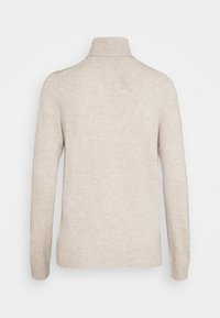 Pull en col roulé beige avec manches longues, texture douce et poignets côtelés. Design simple sans motifs ni ornements.