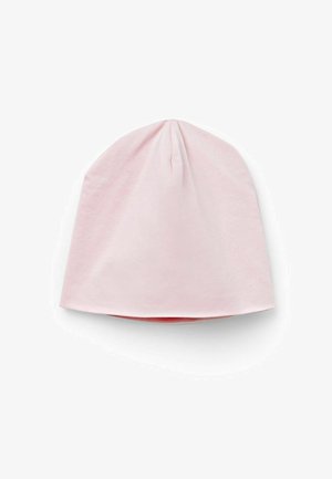 Beanie di cotone rosa chiaro con una texture liscia, forma affusolata e una piccola cucitura sulla cima. Adatto per un abbigliamento casual.