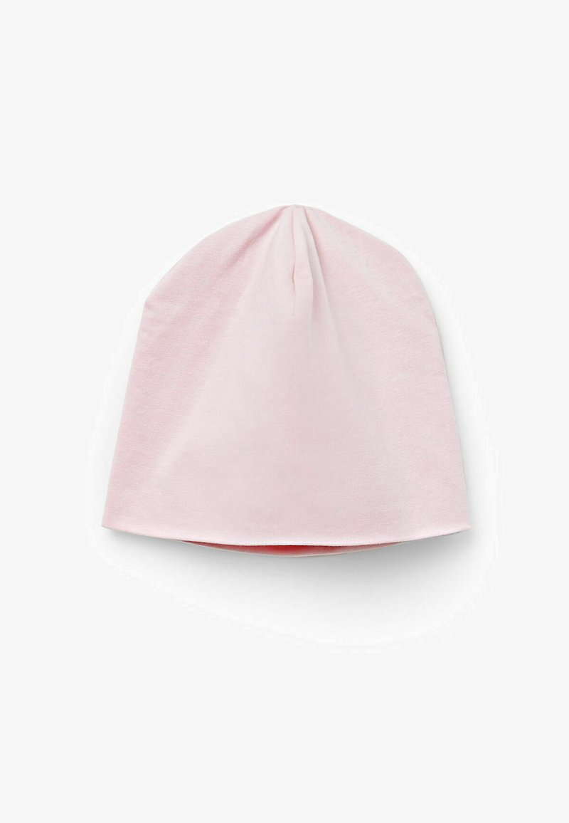Beanie di cotone rosa chiaro con una texture liscia, forma affusolata e una piccola cucitura sulla cima. Adatto per un abbigliamento casual.