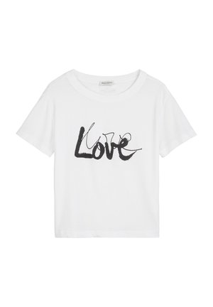 Biała bawełniana koszulka z krótkim rękawem i okrągłym dekoltem. Na przodzie znajduje się czarny, odręczny napis "Miłość".
