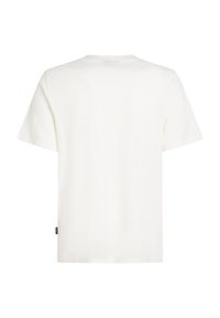 Weißes Baumwoll-T-Shirt, kurze Ärmel, Rundhalsausschnitt, schlichte Rückseite, mit einem kleinen Markenetikett auf der linken Unterseite.