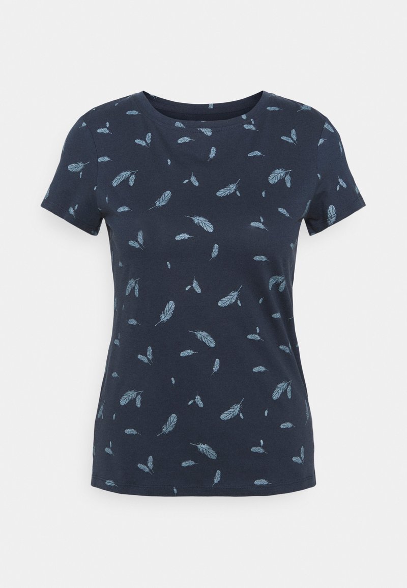 T-shirt bleu marine à manches courtes avec des motifs de plumes bleu clair dispersés sur le tissu.