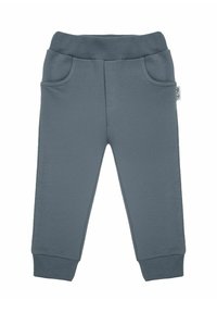 Szare bawełniane spodnie dresowe z prążkowanym pasem i ściągaczami, z dwoma przednimi kieszeniami i gładką fakturą.