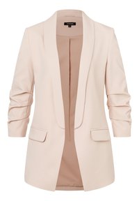 Blazer rosa chiaro con colletto a scialle, due tasche frontali e maniche arrotolate. Tessuto liscio con vestibilità sartoriale e design aperto.