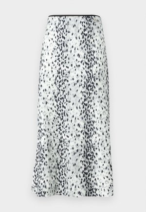 Polviin asti ulottuva hame, jossa on valkoinen kangas, musta ja harmaa pilkullinen kuvio, viimeistelty yksinkertaisella vyötärönauhalla ja pienellä logolla.