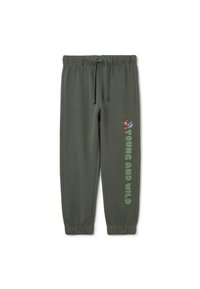 Dunkelgrüne Jogginghose mit elastischem Bund, Kordelzug und gerippten Bündchen. Auf der Seite befindet sich eine Cartoonfigur und der Text "JUNG UND WILD".