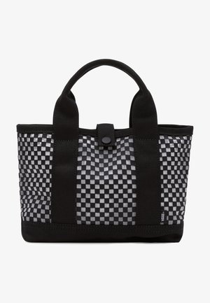 Borsa a tracolla a scacchi bianca e nera con due manici in tessuto e chiusura a scatto. Realizzata in materiale resistente, presenta una finitura texture.