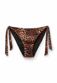 Bikiniunderdelar med leopardmönster och sidoknytningar, med svart insida, visade på en vit bakgrund.