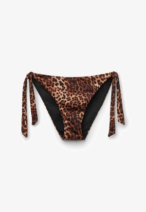 Leopardprint bikini onderstukken met zijknopen en zwarte voering, weergegeven op een witte achtergrond.