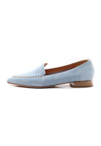 Blue suede slip-on shoe with a pointed toe, featuring decorative stitching along the upper and a low wooden heel.