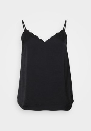 Svart linne med tunna, justerbara axelband, skaldad halsringning och mjukt, lätt tyg. Har en avslappnad silhuett och rundad nederkant.