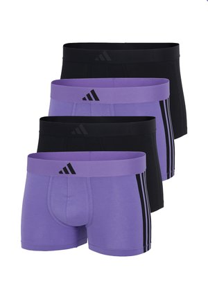 Vier Herren-Boxershorts in abwechselnd schwarzen und violetten Farben, mit schwarzen Streifen an den Seiten und Logo am Bund.