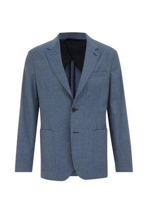 Blauw textuurjack met een enkele bruine knoop, notch-lapel en twee voorzakken. Gevoerd met zwarte stof. Slim fit ontwerp.