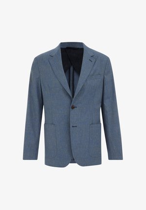 Blauer strukturierter Blazer mit einem einzelnen braunen Knopf, Reverskragen und zwei vorderen Taschen. Gefüttert mit schwarzem Stoff. Schlanker Schnitt.