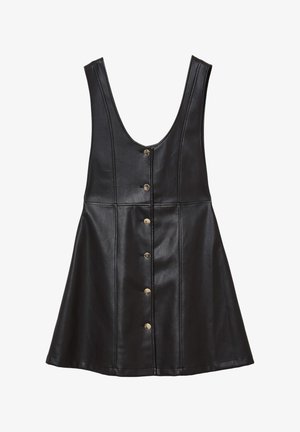 Abito in finta pelle nera con scollatura rotonda, senza maniche, chiusura frontale con bottoni e gonna svasata; superficie liscia, senza fantasie.