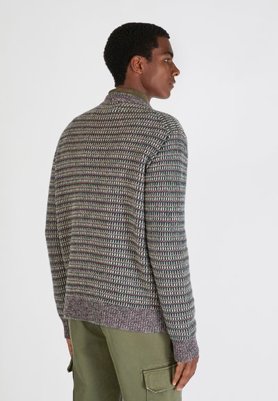 Wielokolorowy sweter dzianinowy z teksturowanym wzorem, z wysokim kołnierzem i ściągaczami, połączony z oliwkowymi spodniami cargo.