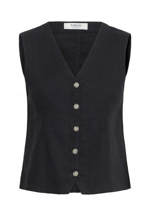 Gilet noir sans manches à boutonnière, avec col en V et cinq boutons clairs sur le devant, fabriqué à partir d'un tissu texturé.